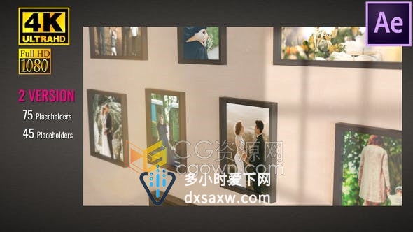 4K Wall Gallery照片墙廊婚礼幻灯片视频相册动画制作-AE模板
