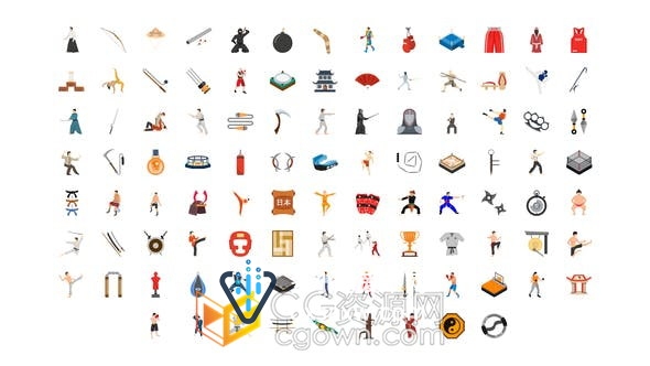 100 Martial Arts Icons 武术图标合气道格斗忍者武器体育动画-AE模板