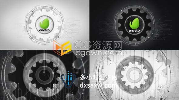 AE模板黑白纯色调未来数字科技感机械齿轮转动揭示品牌LOGO动画