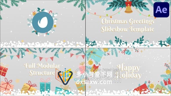 小清新圣诞装饰插图动画降雪过渡庆祝活动假期新年标题幻灯片-AE模板