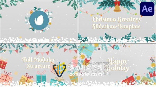 小清新圣诞装饰插图动画降雪过渡庆祝活动假期新年标题幻灯片-AE模板