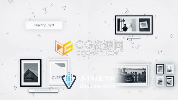AE模板空间感飘浮飞行音符背景黑白纯净艺术相框摄影作品展示相册