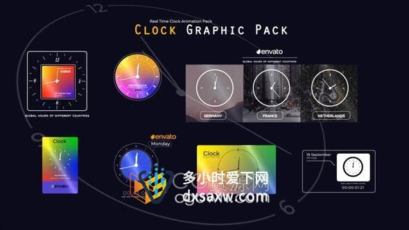 AE模板-7个独特的时钟动画元素数字时钟直播报价倒计时工具包