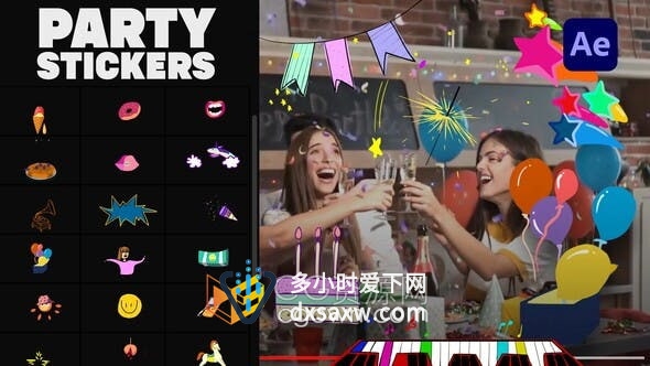 AE模板-30组手绘动画卡通图形派对贴纸元素视频效果