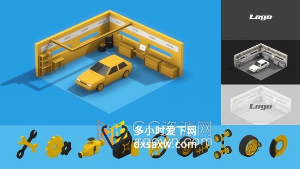 3D汽车维修与服务车间等距场景介绍汽车零件工具品牌展示-AE模板