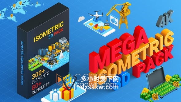 300 Isometric Mega 3D卡通图形三维等距场景介绍MG动画视频效果-AE模板