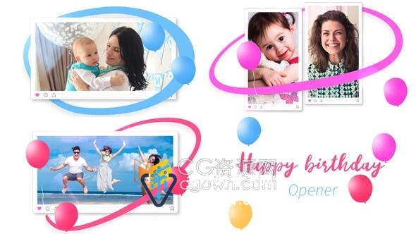 AE模板-儿童生日快乐庆祝视频相册多彩元素动画展示照片幻灯片