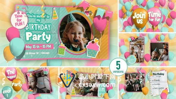 AE模板-庆祝生日快乐邀请幻灯片喜悦孩子照片儿童相册视频