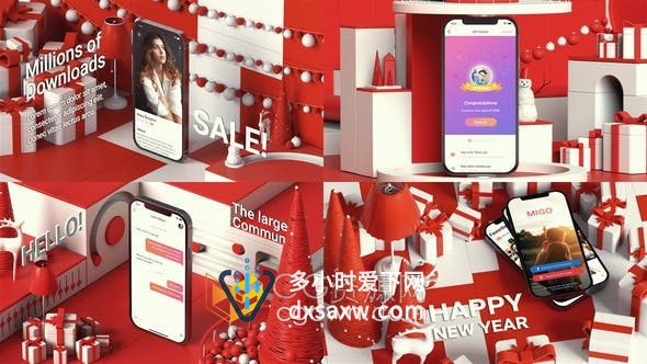 AE模板-圣诞节红色喜庆3D场景动画宣传介绍APP应用软件