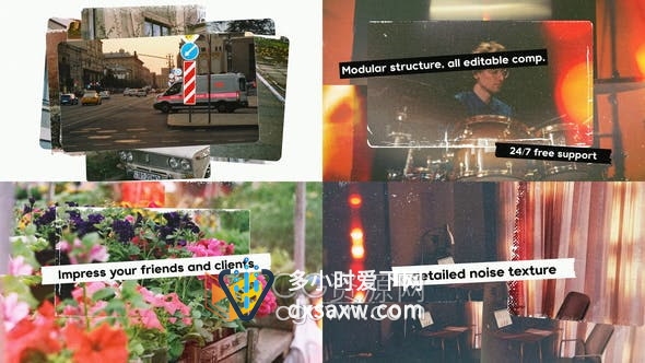 AE模板-宣传拼贴照片幻灯片漏光污垢旧胶片纹理定格动画视频