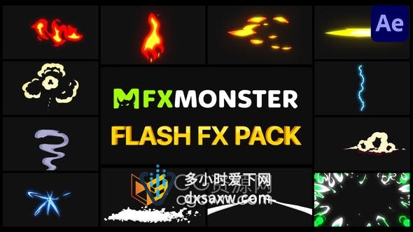 AE模板-Flash FX Pack 12种卡通火焰能量闪光烟雾叠加素材