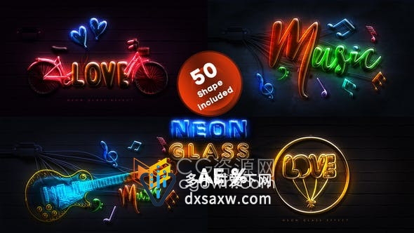 AE模板-定制砖墙上霓虹灯多种效果LOGO图案视频Neon Glass
