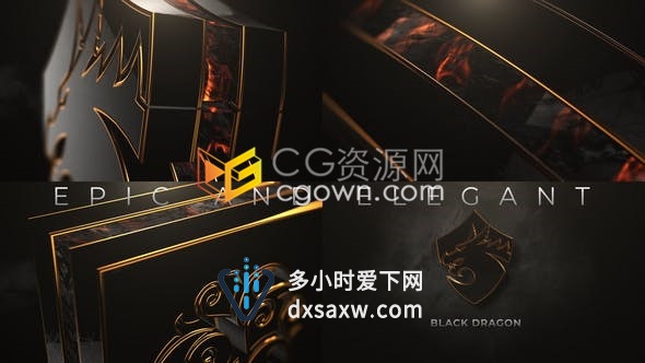 AE模板-E3D制作黑色金属LOGO金色边缘效果闪亮登场史诗般优雅