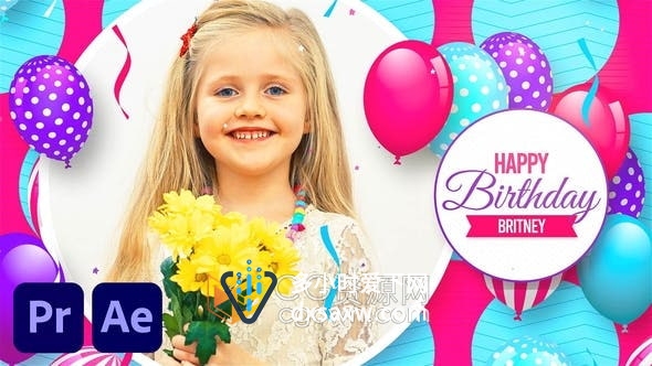 AE与PR模板-生日快乐彩色幻灯片五彩纸屑庆祝视频相册动画