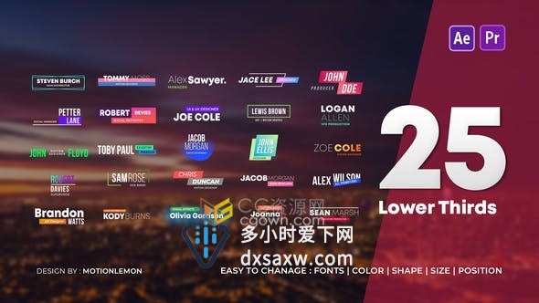 25 Lower Third Titles文字标题视频字幕条动画效果-AE与PR模板