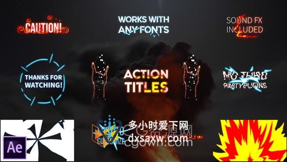 卡通火焰能量爆炸发光手绘图形元素文字动画视频字幕效果-AE模板