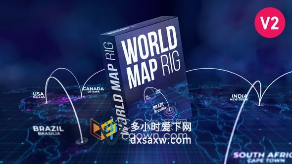 World Map Rig V2 三维世界地图位置坐标3D连线互联网络全球信息通信动画-AE模板