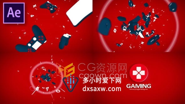 破碎游戏控制器零件飞速凝聚揭示视频游戏标志LOGO动画-AE模板