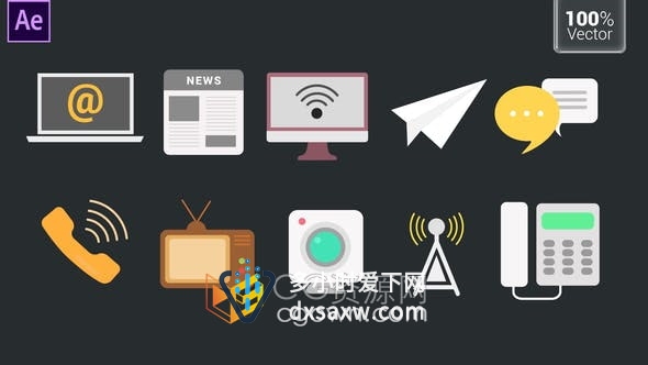 AE模板-10个通信类型图标动画有手机信号塔、智能手机、电视、收音机