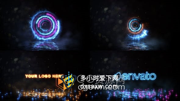 非常炫酷的霓虹灯旋转能量标志迸发彩色粒子火花动画片头-AE模板