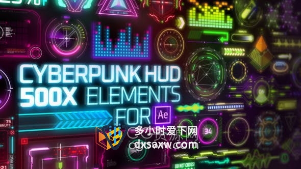 Cyberpunk HUD Elements大量霓虹灯赛博朋克科技元素动画-AE模板