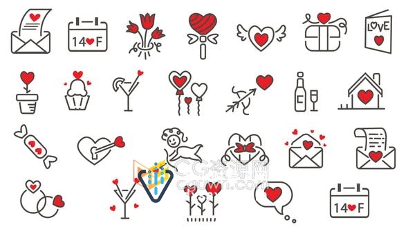 24 Love Icons爱心心形图标元素动画效果素材视频-AE模板
