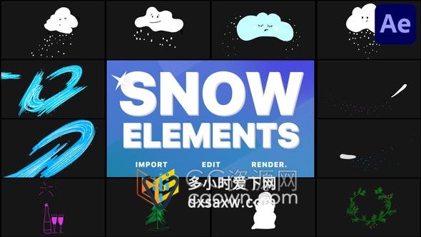 卡通云暴风雪各种圣诞节装饰明亮动画元素制作圣诞新年视频广告特效-AE模板