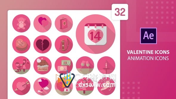 Valentine Animation Icons 32个关于情人节图标动画视频-AE模板