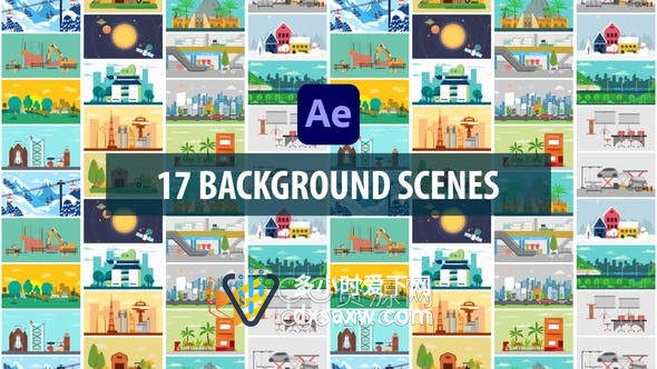 17种不同场景背景图形动画建筑公司农场公寓花园公路机械车间设计视频-AE模板