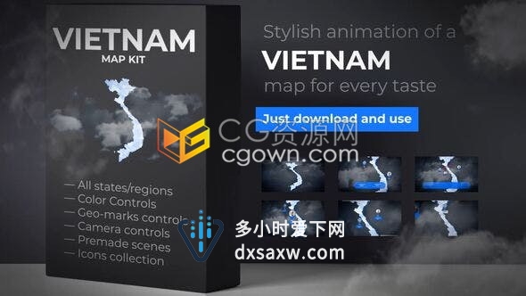 AE模板越南地图图标动画制作旅游景点介绍外贸商业通讯演示视频