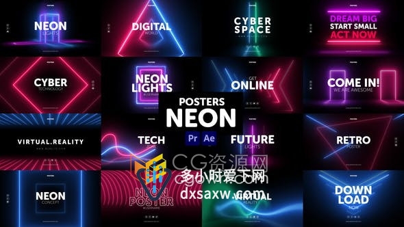 AE与PR模板-彩色线条霓虹灯场景动画文字排版海报视频Posters Neon