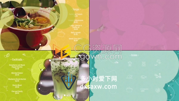 AE模板清新明亮色彩鲜卡通动感美食烹饪餐饮宣传广告动画