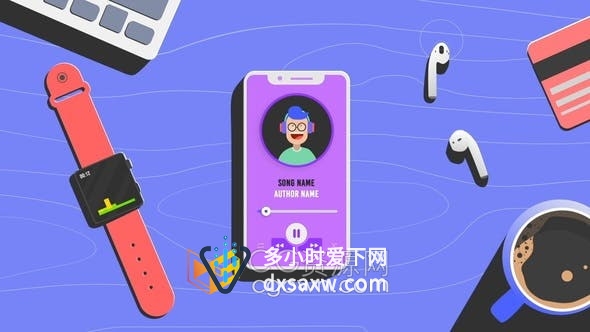 AE模板-卡通图形场景智能手表手机音乐可视化器播放视频