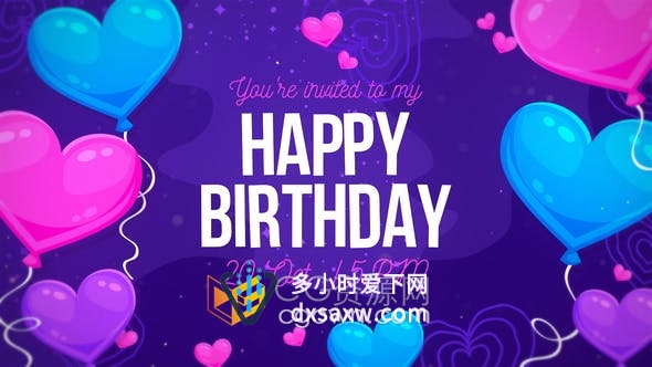 AE模板-卡通心形气球庆祝生日聚会祝贺孩子派对视频相册