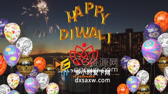 喜庆节日排灯节美丽快乐气球装修揭示节日祝福LOGO动画-AE模板
