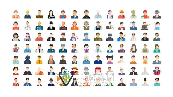 AE模板-100个人类头像图标涵盖各类职业男女角色换装生活工作人物图标动画