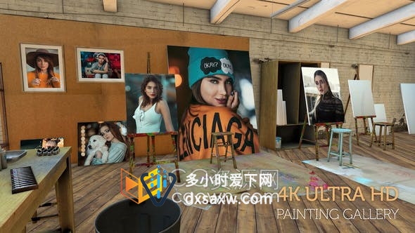 AE模板-3D优雅时尚艺术工作室环境画架画布展示照片作品相册