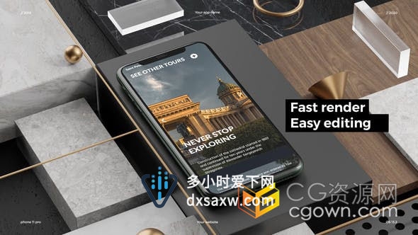 AE模板-Phone 11 Pro应用演示样机10个渲染3D场景展示APP应用程序广告