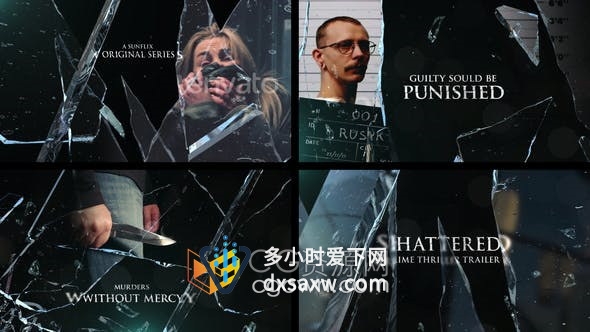 AE模板-玻璃破碎特效介绍犯罪惊悚电影预告片视频制作