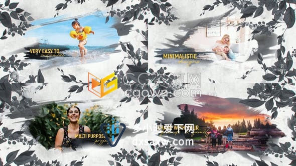 AE模板-水彩幻灯片花卉遮罩水墨笔刷动画照片相册视频制作