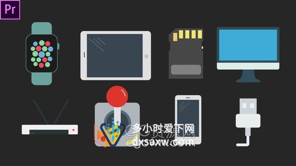 AE模板-10个科技图标动画有USB、存储卡、街机、智能手机、智能手表