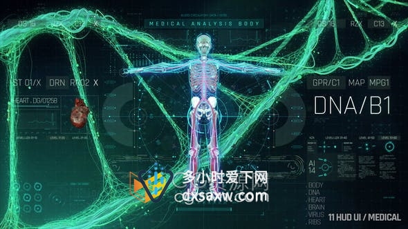 AE模板-医疗新科技介绍HUD人体化学生物元素UI界面动画身体心脏大脑病毒DNA