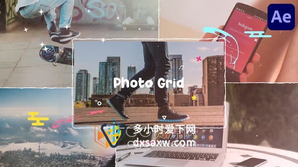 卡通形状MG图形动画照片网格展示效果视频片头制作-AE模板