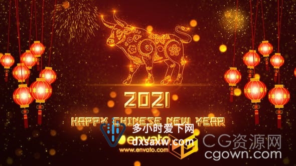 2021年新年模板牛年春节祝福金牛贺岁新春粒子片头-AE模板