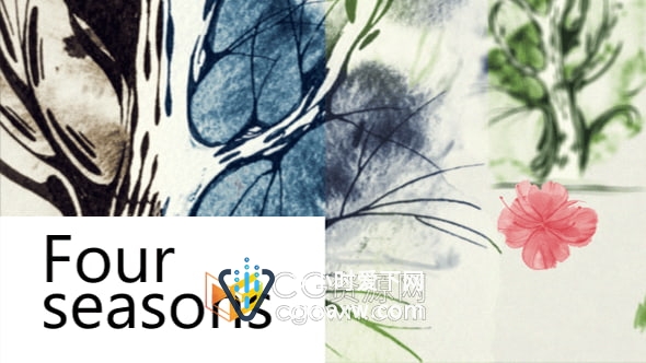 AE模板-四个季节水墨风格树绘画场景照片展示动画相册视频