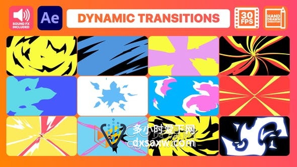 AE模板-12种卡通多彩图形动画波浪飞溅视频转场Dynamic Transitions