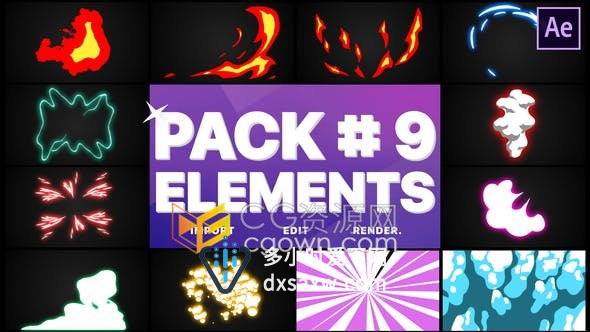 Flash FX Elements 12种卡通手绘发光爆炸能量火焰烟雾-AE模板