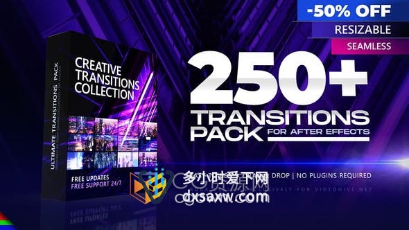 AE模板-250+Transitions折射条纹模糊网格故障数字泄漏光线视频转场动画
