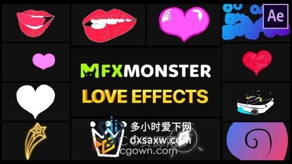 Love Effects浪漫心形状卡通图形动画12种效果-AE模板