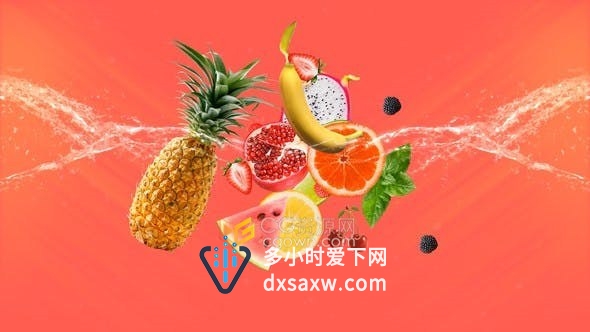 新鲜水果飞溅水动画热带水果店果汁宣传介绍视频片头-AE模板